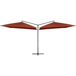 <p>Deze elegante dubbele parasol is perfect om wat schaduw te creëren en jezelf te beschermen tegen de schadelijke uv-stralen van de zon. Het kenmerkende dubbele parasolontwerp maakt hem de blikvanger van je achtertuin!</p>
<p>Het parasoldoek is gemaakt van uv-beschermend en anti-vervagend polyester, waardoor het je optimaal tegen de zon beschermt en gemakkelijk schoon te maken is.</p>
<p>De parasol wordt geleverd met een stevige kruisvoet om stabiliteit toe te voegen. De sterke gepoedercoate paal, samen met de massieve baleinen, maakt de parasol zeer stabiel en duurzaam.</p>
<p>Onze tuinparasol kan eenvoudig geopend en gesloten worden dankzij het zwengelmechanisme. Het product is eenvoudig te monteren.</p>
<p>LET OP: dit product mag NOOIT worden gebruikt in slechte weersomstandigheden, zoals sterke wind, zware regen, sneeuw of storm.</p>
<ul>
  <li>Kleur: terracotta</li>
  <li>Materiaal: stof (100% polyester) met een PA-coating, en gepoedercoat staal</li>
  <li>Totale afmetingen: 485 x 250 x 260 cm (L x B x H)</li>
  <li>Afmetingen per parasol: 250 x 250 cm (L x B)</li>
  <li>Diameter buis: 48 mm</li>
  <li>Dubbele parasoldoeken</li>
  <li>Met luchtventilatie en katrolsysteem</li>
  <li>4 stalen baleinen voor elke parasol</li>
  <li>Montage vereist</li>
</ul>