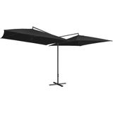 <p>Deze elegante dubbele parasol is perfect om schaduw te creëren en jezelf te beschermen tegen schadelijke uv-stralen. Het kenmerkende dubbele parasolontwerp maakt het de blikvanger van je achtertuin!</p>
<p>Het parasoldoek is gemaakt van uv-beschermend en anti-vervagend polyester, waardoor het je optimaal tegen de zon beschermt en gemakkelijk schoon te maken is.</p>
<p>De parasol wordt geleverd met een stevige kruisvoet voor stabiliteit. De sterke gepoedercoate paal en massieve baleinen maken de parasol zeer stabiel en duurzaam.</p>
<p>Onze tuinparasol kan eenvoudig geopend en gesloten worden dankzij het zwengelmechanisme. Het product is eenvoudig te monteren.</p>
<p>LET OP: dit product mag NOOIT worden gebruikt in slechte weersomstandigheden, zoals sterke wind, zware regen, sneeuw of storm.</p>
<ul>
<li>Kleur: zwart</li>
<li>Materiaal: stof (100% polyester) met een PA-coating, en gepoedercoat staal</li>
<li>Totale afmetingen: 485 x 250 x 260 cm (L x B x H)</li>
<li>Afmetingen per parasol: 250 x 250 cm (L x B)</li>
<li>Diameter buis: 48 mm</li>
<li>Dubbele parasoldoeken</li>
<li>Met luchtventilatie en katrolsysteem</li>
<li>4 stalen baleinen voor elke parasol</li>
<li>Montage vereist</li>
</ul>