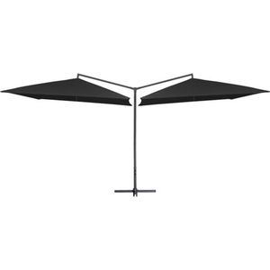 <p>Deze elegante dubbele parasol is perfect om schaduw te creëren en jezelf te beschermen tegen schadelijke uv-stralen. Het kenmerkende dubbele parasolontwerp maakt het de blikvanger van je achtertuin!</p>
<p>Het parasoldoek is gemaakt van uv-beschermend en anti-vervagend polyester, waardoor het je optimaal tegen de zon beschermt en gemakkelijk schoon te maken is.</p>
<p>De parasol wordt geleverd met een stevige kruisvoet voor stabiliteit. De sterke gepoedercoate paal en massieve baleinen maken de parasol zeer stabiel en duurzaam.</p>
<p>Onze tuinparasol kan eenvoudig geopend en gesloten worden dankzij het zwengelmechanisme. Het product is eenvoudig te monteren.</p>
<p>LET OP: dit product mag NOOIT worden gebruikt in slechte weersomstandigheden, zoals sterke wind, zware regen, sneeuw of storm.</p>
<ul>
<li>Kleur: zwart</li>
<li>Materiaal: stof (100% polyester) met een PA-coating, en gepoedercoat staal</li>
<li>Totale afmetingen: 485 x 250 x 260 cm (L x B x H)</li>
<li>Afmetingen per parasol: 250 x 250 cm (L x B)</li>
<li>Diameter buis: 48 mm</li>
<li>Dubbele parasoldoeken</li>
<li>Met luchtventilatie en katrolsysteem</li>
<li>4 stalen baleinen voor elke parasol</li>
<li>Montage vereist</li>
</ul>