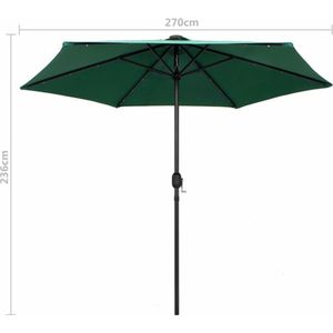 <p>Deze parasol is de perfecte keuze om wat schaduw te creëren en jezelf te beschermen tegen de schadelijke uv-straling van de zon. Het parasoldoek is gemaakt van uv-beschermend en anti-vervagend polyester waardoor hij je optimaal tegen de zon beschermt en gemakkelijk schoon te maken is.</p>
<p>De sterke aluminium paal en de 6 stevige stalen baleinen maken de parasol zeer stabiel en duurzaam. De tuinparasol kan eenvoudig geopend en gesloten worden dankzij het zwengelmechanisme.</p>
<p>De 18 geïntegreerde LED-lichtjes worden aangedreven door 1 zonnepaneel en zorgen 's avonds voor een gezellige en romantische sfeer. Het product is eenvoudig te monteren.</p>
<p>Let op, wij adviseren om het doek te behandelen met een waterdichtmakende spray als hij wordt blootgesteld aan zware regenval.</p>
<ul>
<li>Kleur: groen</li>
<li>Materiaal: stof (100% polyester) en aluminium</li>
<li>Totale afmetingen: 270 x 236 cm (ø x H)</li>
<li>Diameter paal: 38 mm</li>
<li>Met luchtventilatie en zwengelmechanisme</li>
<li>Inclusief 24 LED-lampjes en 1 zonnepaneel</li>
<li>Vermogen zonnepaneel: 1,6 W</li>
<li>Met 6 baleinen</li>
<li>Montage vereist</li>
</ul>