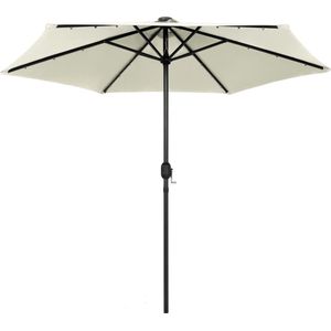 <p>Deze parasol is de perfecte keuze om wat schaduw te creëren en jezelf te beschermen tegen de schadelijke uv-straling van de zon. Het parasoldoek is gemaakt van uv-beschermend en anti-vervagend polyester waardoor hij je optimaal tegen de zon beschermt en gemakkelijk schoon te maken is.</p>
<p>De sterke aluminium paal en de 6 stevige stalen baleinen maken de parasol zeer stabiel en duurzaam. De tuinparasol kan eenvoudig geopend en gesloten worden dankzij het zwengelmechanisme.</p>
<p>De 18 geïntegreerde LED-lichtjes worden aangedreven door 1 zonnepaneel en zorgen 's avonds voor een gezellige en romantische sfeer. Het product is eenvoudig te monteren.</p>
<p>Let op, wij adviseren om het doek te behandelen met een waterdichtmakende spray als hij wordt blootgesteld aan zware regenval.</p>
<ul>
  <li>Kleur: zandwit</li>
  <li>Materiaal: stof (100% polyester) en aluminium</li>
  <li>Totale afmetingen: 270 x 236 cm (ø x H)</li>
  <li>Diameter paal: 38 mm</li>
  <li>Met luchtventilatie en zwengelmechanisme</li>
  <li>Inclusief 24 LED-lampjes en 1 zonnepaneel</li>
  <li>Vermogen zonnepaneel: 1,6 W</li>
  <li>Met 6 baleinen</li>
  <li>Montage vereist</li>
</ul>