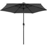 <p>Deze parasol is de perfecte keuze om wat schaduw te creëren en jezelf te beschermen tegen de schadelijke uv-straling van de zon. Het parasoldoek is gemaakt van uv-beschermend en anti-vervagend polyester waardoor hij je optimaal tegen de zon beschermt en gemakkelijk schoon te maken is.</p>
<p>De sterke aluminium paal en de 6 stevige stalen baleinen maken de parasol zeer stabiel en duurzaam. De tuinparasol kan eenvoudig geopend en gesloten worden dankzij het zwengelmechanisme.</p>
<p>De 18 geïntegreerde LED-lichtjes worden aangedreven door 1 zonnepaneel en zorgen 's avonds voor een gezellige en romantische sfeer. Het product is eenvoudig te monteren.</p>
<p>Let op, wij adviseren om het doek te behandelen met een waterdichtmakende spray als hij wordt blootgesteld aan zware regenval.</p>
<ul>
  <li>Kleur: antraciet</li>
  <li>Materiaal: stof (100% polyester) en aluminium</li>
  <li>Totale afmetingen: 270 x 236 cm (ø x H)</li>
  <li>Diameter paal: 38 mm</li>
  <li>Met luchtventilatie en zwengelmechanisme</li>
  <li>Inclusief 24 LED-lampjes en 1 zonnepaneel</li>
  <li>Vermogen zonnepaneel: 1,6 W</li>
  <li>Met 6 baleinen</li>
  <li>Montage vereist</li>
</ul>
