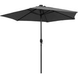 <p>Deze parasol is de perfecte keuze om wat schaduw te creëren en jezelf te beschermen tegen de schadelijke uv-straling van de zon. Het parasoldoek is gemaakt van uv-beschermend en anti-vervagend polyester waardoor hij je optimaal tegen de zon beschermt en gemakkelijk schoon te maken is.</p>
<p>De sterke aluminium paal en de 6 stevige stalen baleinen maken de parasol zeer stabiel en duurzaam. De tuinparasol kan eenvoudig geopend en gesloten worden dankzij het zwengelmechanisme.</p>
<p>De 18 geïntegreerde LED-lichtjes worden aangedreven door 1 zonnepaneel en zorgen 's avonds voor een gezellige en romantische sfeer. Het product is eenvoudig te monteren.</p>
<p>Let op, wij adviseren om het doek te behandelen met een waterdichtmakende spray als hij wordt blootgesteld aan zware regenval.</p>
<ul>
  <li>Kleur: antraciet</li>
  <li>Materiaal: stof (100% polyester) en aluminium</li>
  <li>Totale afmetingen: 270 x 236 cm (ø x H)</li>
  <li>Diameter paal: 38 mm</li>
  <li>Met luchtventilatie en zwengelmechanisme</li>
  <li>Inclusief 24 LED-lampjes en 1 zonnepaneel</li>
  <li>Vermogen zonnepaneel: 1,6 W</li>
  <li>Met 6 baleinen</li>
  <li>Montage vereist</li>
</ul>