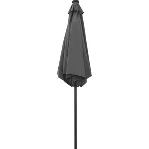 <p>Deze parasol is de perfecte keuze om wat schaduw te creëren en jezelf te beschermen tegen de schadelijke uv-straling van de zon. Het parasoldoek is gemaakt van uv-beschermend en anti-vervagend polyester waardoor hij je optimaal tegen de zon beschermt en gemakkelijk schoon te maken is.</p>
<p>De sterke aluminium paal en de 6 stevige stalen baleinen maken de parasol zeer stabiel en duurzaam. De tuinparasol kan eenvoudig geopend en gesloten worden dankzij het zwengelmechanisme.</p>
<p>De 18 geïntegreerde LED-lichtjes worden aangedreven door 1 zonnepaneel en zorgen 's avonds voor een gezellige en romantische sfeer. Het product is eenvoudig te monteren.</p>
<p>Let op, wij adviseren om het doek te behandelen met een waterdichtmakende spray als hij wordt blootgesteld aan zware regenval.</p>
<ul>
  <li>Kleur: antraciet</li>
  <li>Materiaal: stof (100% polyester) en aluminium</li>
  <li>Totale afmetingen: 270 x 236 cm (ø x H)</li>
  <li>Diameter paal: 38 mm</li>
  <li>Met luchtventilatie en zwengelmechanisme</li>
  <li>Inclusief 24 LED-lampjes en 1 zonnepaneel</li>
  <li>Vermogen zonnepaneel: 1,6 W</li>
  <li>Met 6 baleinen</li>
  <li>Montage vereist</li>
</ul>