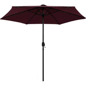<p>Deze parasol is de perfecte keuze om wat schaduw te creëren en jezelf te beschermen tegen de schadelijke uv-straling van de zon. Het parasoldoek is gemaakt van uv-beschermend en anti-vervagend polyester waardoor hij je optimaal tegen de zon beschermt en gemakkelijk schoon te maken is.</p>
<p>De sterke aluminium paal en de 6 stevige stalen baleinen maken de parasol zeer stabiel en duurzaam. De tuinparasol kan eenvoudig geopend en gesloten worden dankzij het zwengelmechanisme. De 18 geïntegreerde LED-lichtjes worden aangedreven door 1 zonnepaneel en zorgen 's avonds voor een gezellige en romantische sfeer.</p>
<p>Het product is eenvoudig te monteren. Let op, wij adviseren om het doek te behandelen met een waterdichtmakende spray als hij wordt blootgesteld aan zware regenval.</p>
<ul>
  <li>Kleur: bordeauxrood</li>
  <li>Materiaal: stof (100% polyester) en aluminium</li>
  <li>Totale afmetingen: 270 x 236 cm (ø x H)</li>
  <li>Diameter paal: 38 mm</li>
  <li>Met luchtventilatie en zwengelmechanisme</li>
  <li>Inclusief 24 LED-lampjes en 1 zonnepaneel</li>
  <li>Vermogen zonnepaneel: 1,6 W</li>
  <li>Met 6 baleinen</li>
  <li>Montage vereist</li>
</ul>