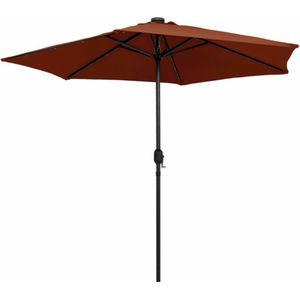 <p>Deze parasol is de perfecte keuze om wat schaduw te creëren en jezelf te beschermen tegen de schadelijke uv-straling van de zon. Het parasoldoek is gemaakt van uv-beschermend en anti-vervagend polyester waardoor hij je optimaal tegen de zon beschermt en gemakkelijk schoon te maken is.</p>
<p>De sterke aluminium paal en de 6 stevige stalen baleinen maken de parasol zeer stabiel en duurzaam. De tuinparasol kan eenvoudig geopend en gesloten worden dankzij het zwengelmechanisme.</p>
<p>De 18 geïntegreerde LED-lichtjes worden aangedreven door 1 zonnepaneel en zorgen 's avonds voor een gezellige en romantische sfeer. Het product is eenvoudig te monteren.</p>
<p>Let op, wij adviseren om het doek te behandelen met een waterdichtmakende spray als hij wordt blootgesteld aan zware regenval.</p>
<ul>
  <li>Kleur: terracotta</li>
  <li>Materiaal: stof (100% polyester) en aluminium</li>
  <li>Totale afmetingen: 270 x 236 cm (ø x H)</li>
  <li>Diameter paal: 38 mm</li>
  <li>Met luchtventilatie en zwengelmechanisme</li>
  <li>Inclusief 24 LED-lampjes en 1 zonnepaneel</li>
  <li>Vermogen zonnepaneel: 1,6 W</li>
  <li>Met 6 baleinen</li>
  <li>Montage vereist</li>
</ul>