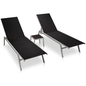 vidaXL Ligbedden - Staal - Textileen - Zwart - Set van 2 met Tafel