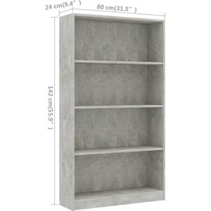 vidaXL Boekenkast met 4 schappen 80x24x142 cm bewerkt hout betongrijs - 800913