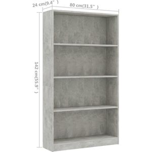 vidaXL Boekenkast met 4 schappen 80x24x142 cm bewerkt hout betongrijs