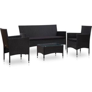 VidaXL 4-Delige Loungeset met Kussens - Poly Rattan Zwart