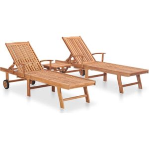 vidaXL - Ligbedden - 2 - st - met - tafel - massief - teakhout