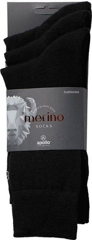 Apollo - Merinowollen Sokken - Zwart - Badstof Zool - 3-pack