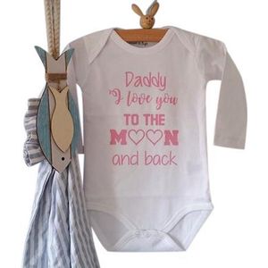 Baby Rompertje met tekst Daddy I love you to the moon and back  | wit met roze | maat 50/56 romper papa liefste  bekendmaking zwangerschap aanstaande baby meisje