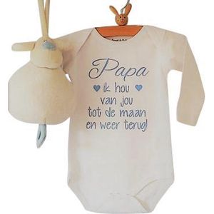 Baby Rompertje jongen tekst cadeau eerste vaderdag Papa ik hou van jou tot de maan en weer terug | Lange mouw | wit met licht blauw | maat 86/92 | mooiste cadeautje kind liefste lief beste held superman leukste mijn is de allerbeste best allerliefste