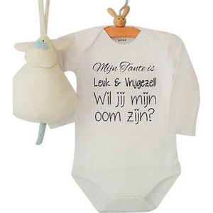 Baby Rompertje met tekst Mijn Tante is leuk en vrijgezel! Wil jij mijn oom zijn? | Lange mouw | wit | maat 74/80