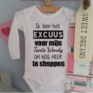Baby Rompertje met tekst Ik ben het excuus voor mijn tante om nog meer te shoppen | Lange mouw | wit | maat 50/56