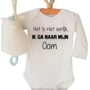 Baby Rompertje unisex met tekst zwart wit Het is niet eerlijk ik ga naar mijn oom | Lange mouw | wit | maat 74/80