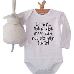 Baby Rompertje met tekst Ik drink tot ik niet meer kan, net als mijn tante! | Lange mouw | wit | maat 86/92