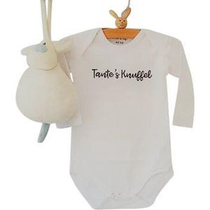 Baby Rompertje unisex Zwangerschapsaankondiging  Tante’s Knuffel Kan met tante haar naam | Lange mouw | wit | maat 62/68 jongen meisje