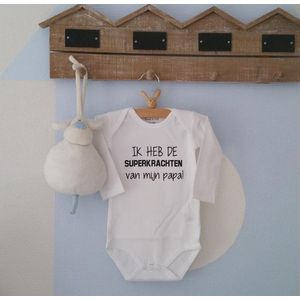 Baby Rompertje met tekst Ik heb de superkrachten van mijn papa | Lange mouw | wit| maat 86/92