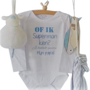 Baby Rompertje met tekst jongen Of ik superman ken? Je bedoelt gewoon mijn papa!  | Lange mouw | wit met blauw | maat 86/92