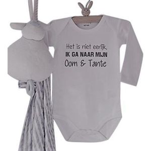 Baby Rompertje met tekst Het is niet eerlijk ik ga naar mijn Oom en Tante | Lange mouw | wit | maat 74/80