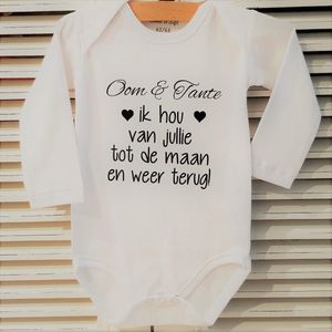 Baby Rompertje met tekst Oom en Tante ik hou van jullie tot de maan en weer terug | Lange mouw | wit | maat 74/80