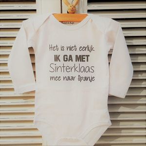 Rompertje Het is niet eerlijk ik ga met sinterklaas mee naar Spanje | Lange mouw | wit | maat 50/56  ( zwangerschapsaankondiging geboorte baby aankondiging zwangerschap maand december uitgerekend cadeau )