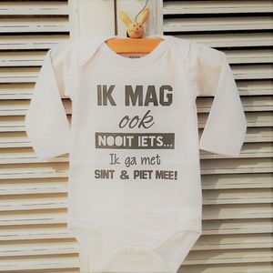 Rompertje Sinterklaas Ik mag ook nooit iets ik ga met Sint & Piet mee! | Lange mouw | wit | maat 50/56  ( zwangerschapsaankondiging geboorte baby aankondiging zwangerschap maand december uitgerekend cadeau )