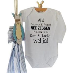 Rompertje baby met tekst Als mama en papa nee zeggen zeggen mijn oom en tante wel ja !  | Lange mouw | wit | maat 50/56 jongen meisje zwangerschap bekendmaking