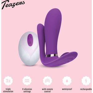 Teazers Purple Pleaser Vibromasseur- Vibromasseur Triple sexe pour Vagin, Anus et Clitoris avec Stimulateur du point G (Violet)- Vibrateur Télécommandé rechargeable 3 en 1 avec batterie - Violet