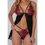 Babydoll met string Fleur de Plaisir - zwart/rood - L/XL