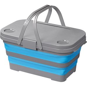 ProPlus Opvouwbare Picknickmand met Deksel - 20 L - Multifunctioneel - Opbergen - Eenvoudig te Reinigen - Inklapbare Picknickmand - Met Uitklapbare Pootjes - Mand - 2 Bekerhouders en Tablethouder - Blauw/grijs