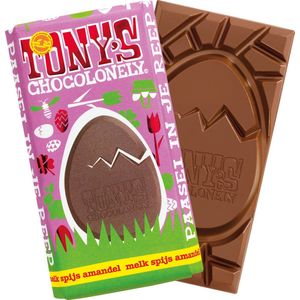 Tony's Chocolonely Melk Chocolade Reep Pasen - Spijs Nootjes Amandel - Paas Cadeau - Paascadeautjes voor Kinderen - Fairtrade Choclade - 180 gram
