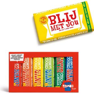 Tony's Chocolonely Lieve Bundel: Melk Noga ""Blij met jou"" Chocolade Cadeau Chocola Reep + Proeverijtje melk en puur Geschenkset voor Man en Vrouw