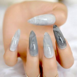24 Stuks Punt Nepnagels Lang | Grijs Marble | Stiletto Nagels | Cosmetica Accessoires