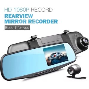 TechU™ Dashcam Voor en Achter Camera – M31 Zwart – Dashboardcamera – 4.3” Scherm & 12.2” Spiegel – G-sensor – Bewegingssensor – Loop recording – Nachtvisie – 130° Wijdhoeklens – Incl. Achteruitrijcamera - voor auto