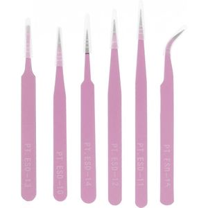 6 Stuks Pincet Set – RVS – Precisie voor Hobby, Sieraden, Laboratorium – Roze