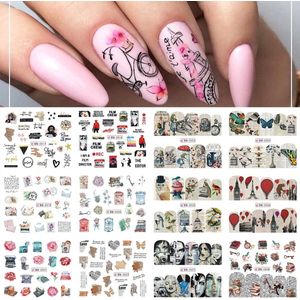 12 Stuks Nagelstickers – Retro Krantenstukjes, Postzegels, Vogelkooi – Nail Art Stickers