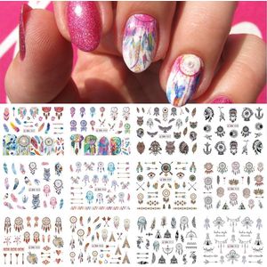 12 Stuks Nagelstickers – Indianen Thema – Dromenvanger, Tipi Tent, Indianentooi, Veren – Nail Art Stickers