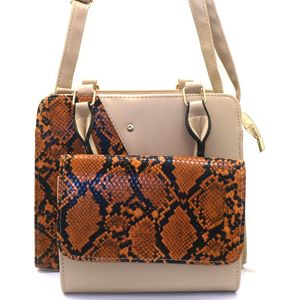 Set Tassen Dames - Handtas en Clutch - Slangenprint - PU Kunstleer - 25x21,5x10 cm - Zandkleur