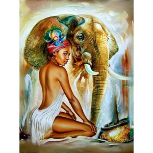 Diamond Painting Pakket - Vrouw en Olifant - 50x40 cm - Complete Set - Volledige Bedekking - Ronde Steentjes