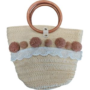 Gevlochten Tas met Pompons - 28x20x10 cm - Beige