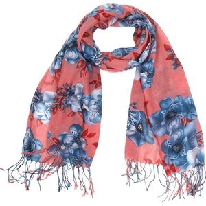 Sjaal met Bloemen - Franjes - 180x70 cm - Donkerroze