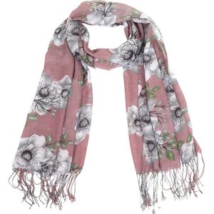 Sjaal met Bloemen - Franjes - 180x70 cm - Paars