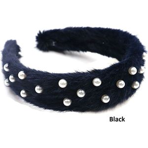 Fluffy Haarband met Parels - Diadeem - Breedte 3 cm - Zwart