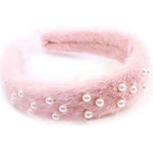 Fluffy Haarband met Parels - Diadeem - Breedte 3 cm - Roze