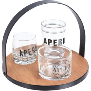 Ronde serveerplank bamboe dia 18 cm met 3x luxe hapjes/saus/tapas schaaltjes van glas
