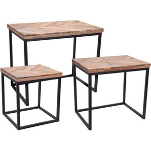 Set van 3x bijzettafels rechthoekig metaal/mango hout zwart 42/37/33 cm - Home Deco meubels en tafels