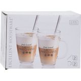 Excellent Houseware Latte macchiato glazen set - 2x - incl. lepels - glas - 300 ml - koffie glazen